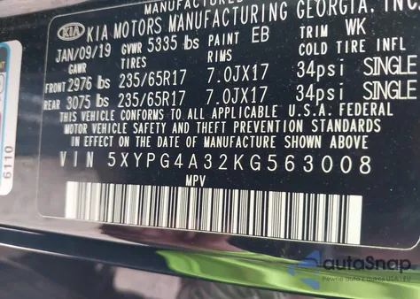 2019 Kia Sorento 2.4L L z USA, uszkodzony, nr VIN 5XYPG4A32KG563008